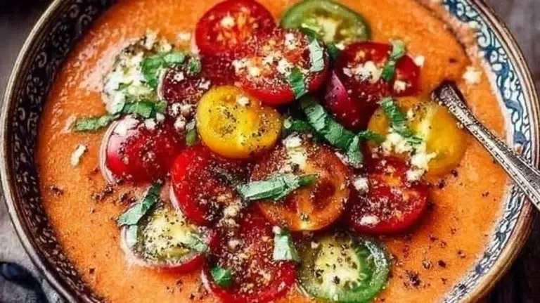Bowl of easy vegan gazpacho made with fresh tomatoes and vegetables.