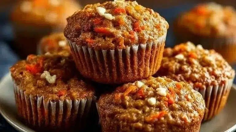 Delicious homemade carrot oatmeal muffins in a bowl on a wooden table
