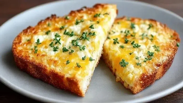 Golden brown Egg and Cheese Toasts stacked on a plate, topped with herbs.