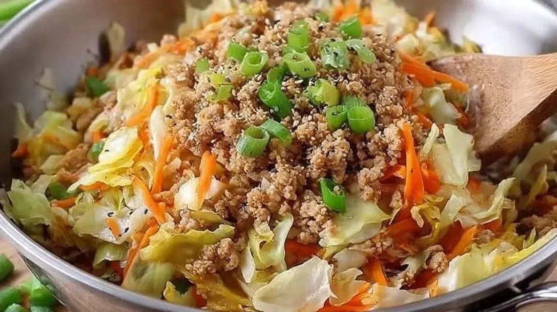Bowl of egg roll ingredients including cabbage, carrots, and protein.