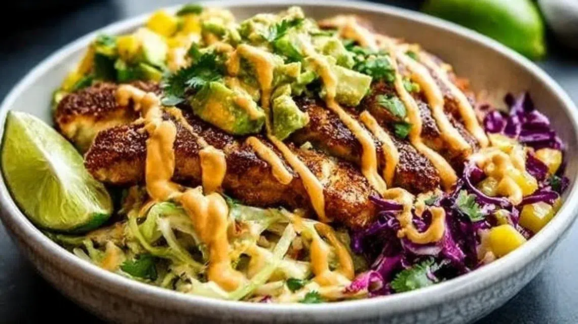 Colorful Fish Taco Slaw Bowls with Mango Salsa and Chipotle Aioli