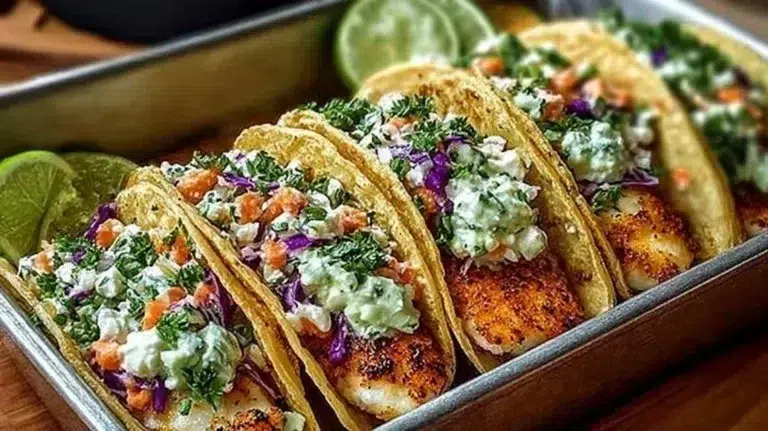 Delicious fish tacos garnished with fresh ingredients and lime