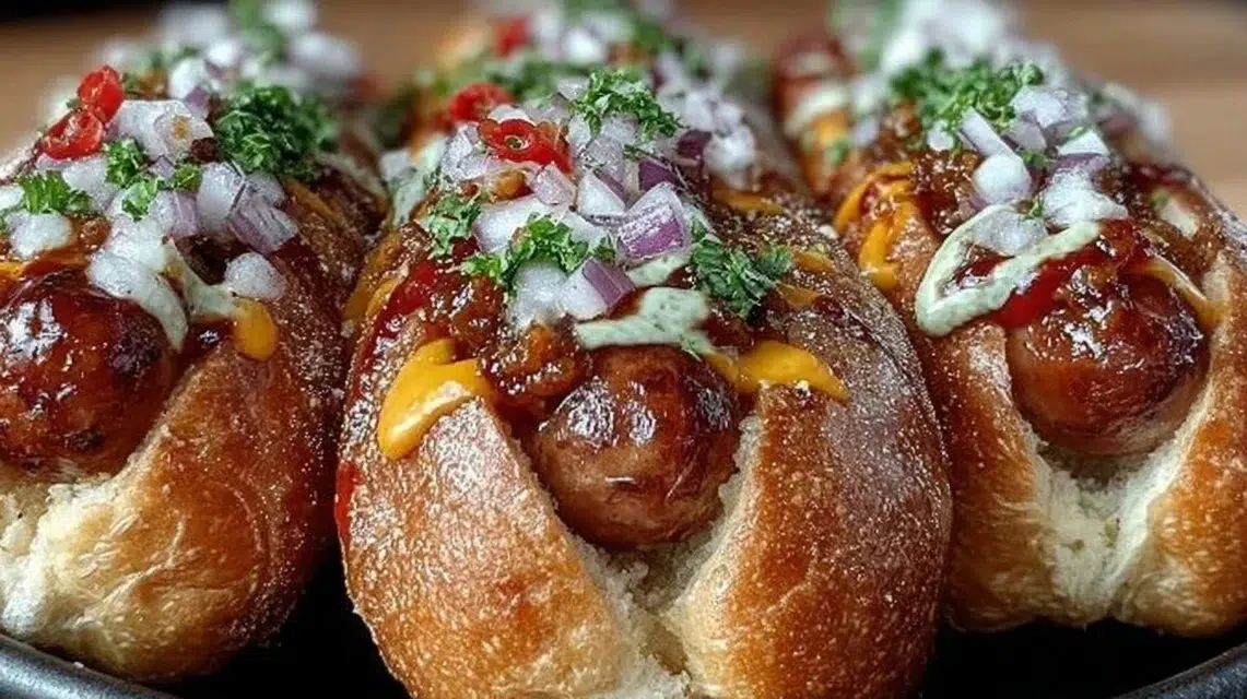 Spicy firecracker hot dogs topped with jalapeños and tangy sauce