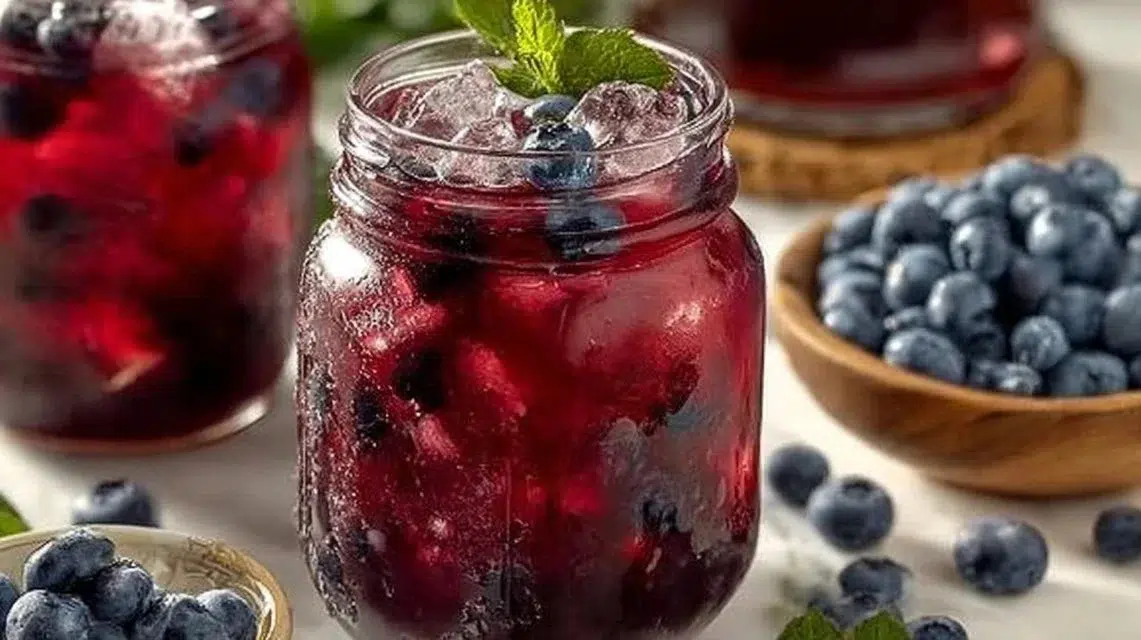 Fresh blueberry tea in a glass garnished with blueberries and mint leaves