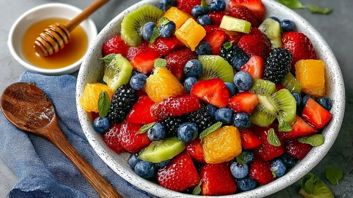 Bowl of fresh fruit salad with honey lime poppy seed dressing