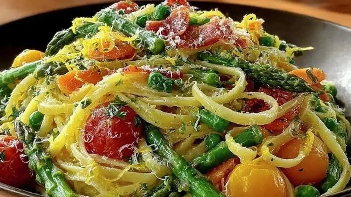 Colorful Pasta Primavera with a creamy lemon sauce and fresh spring vegetables
