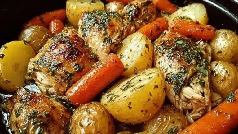Garlic Butter Chicken served with Potatoes and Carrots in a skillet