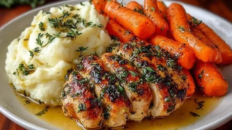 Delicious Garlic Herb Chicken with mashed potatoes and glazed carrots on a plate