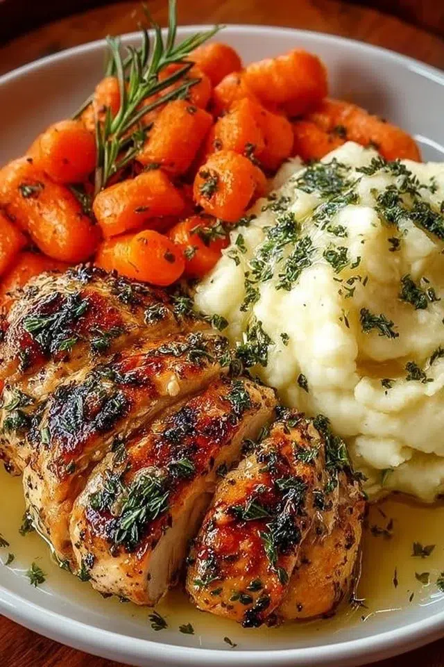 Garlic Herb Chicken with Mashed Potatoes and Glazed Carrots
