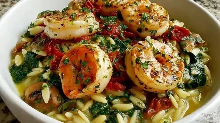 Delicious Garlic Orzo Tuscan Shrimp dish served on a plate for two