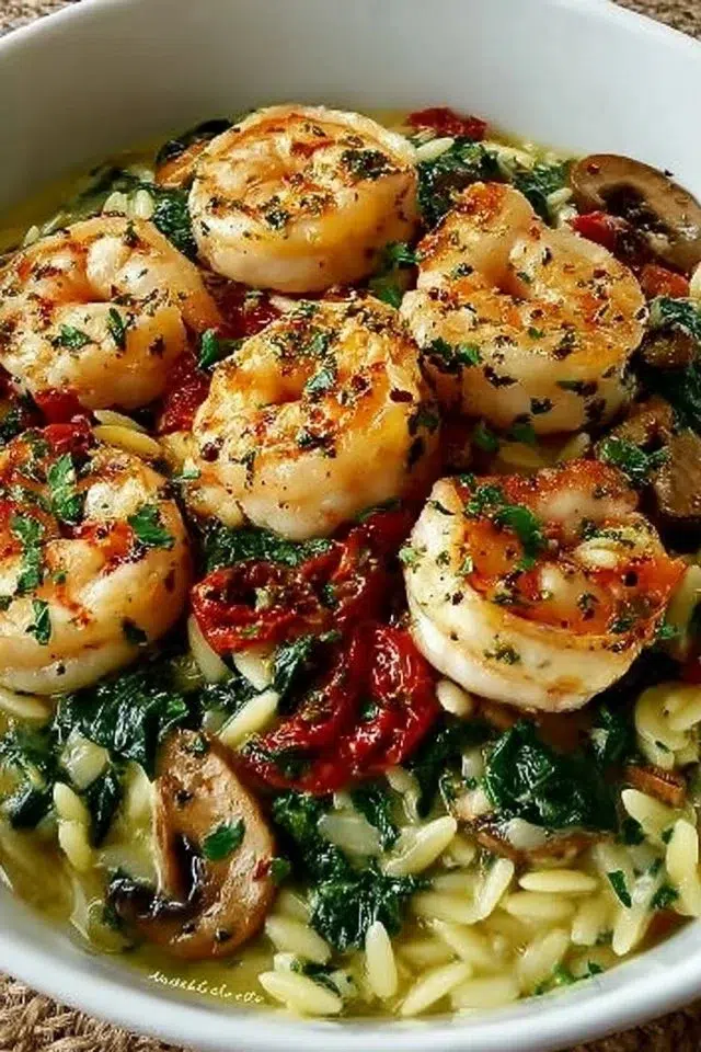 Garlic Orzo Tuscan Shrimp for Two