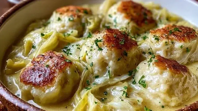 Plate of German cabbage and dumplings with fresh herbs garnish