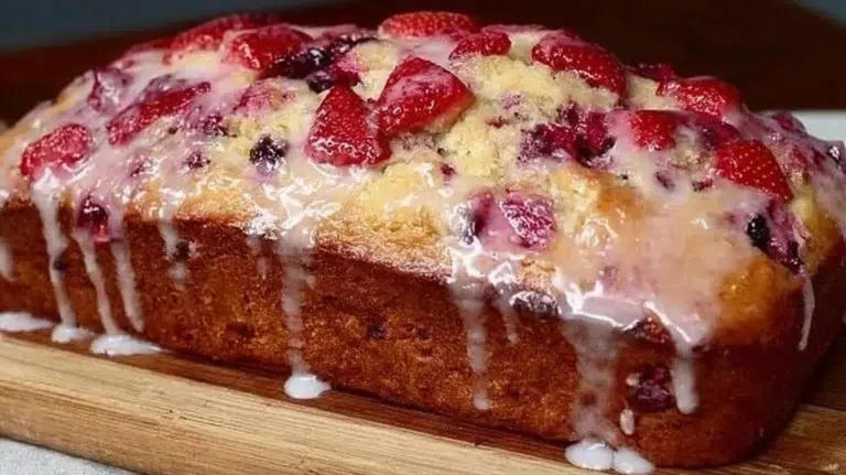 Delicious glazed strawberry bread fresh out of the oven, topped with icing.