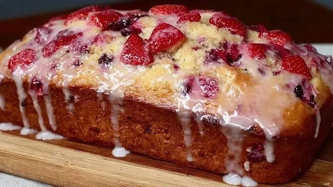 Delicious glazed strawberry bread fresh out of the oven, topped with icing.