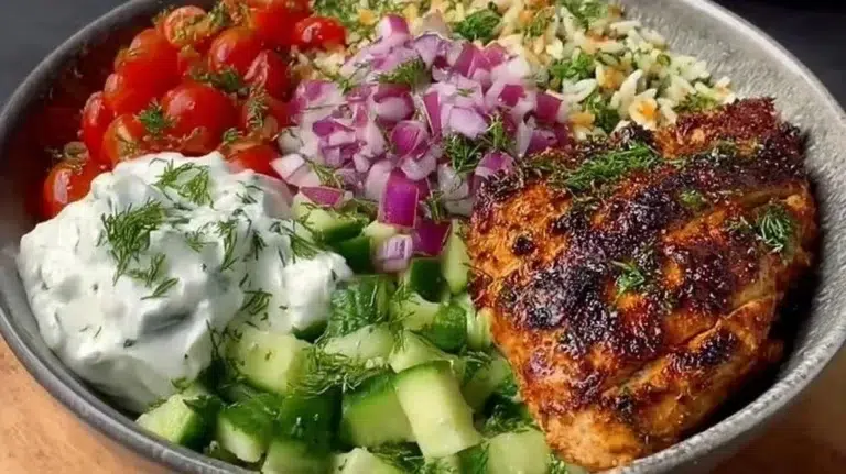 Greek Chicken & Rice Bowl with fresh vegetables and herbs