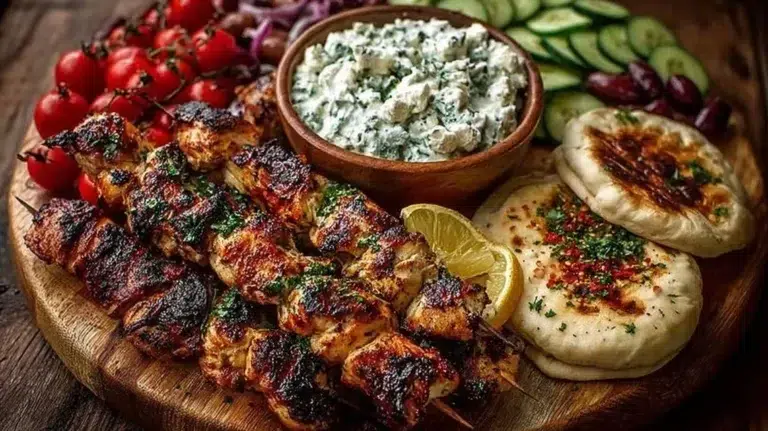 A delicious Greek Chicken Souvlaki grazing board with feta dip and fresh vegetables