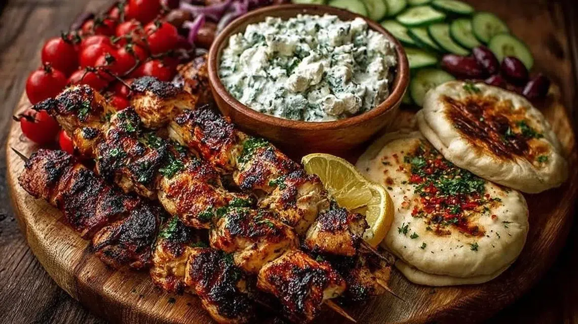 A delicious Greek Chicken Souvlaki grazing board with feta dip and fresh vegetables