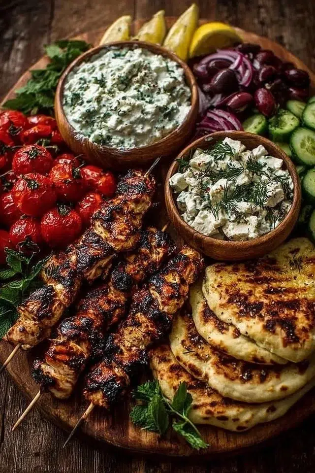 Greek Chicken Souvlaki Grazing Board with Feta Dip – A Mediterranean Feast to Share