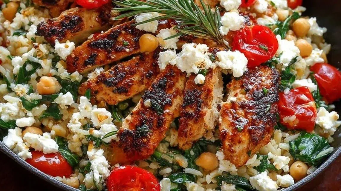 Delicious Greek Chicken served with aromatic lemon rice on a plate