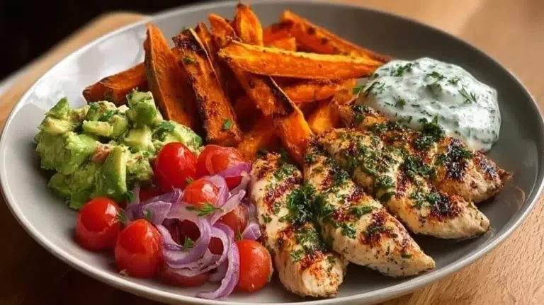 Delicious Grilled Herb Chicken served with sweet potato fries and avocado salsa