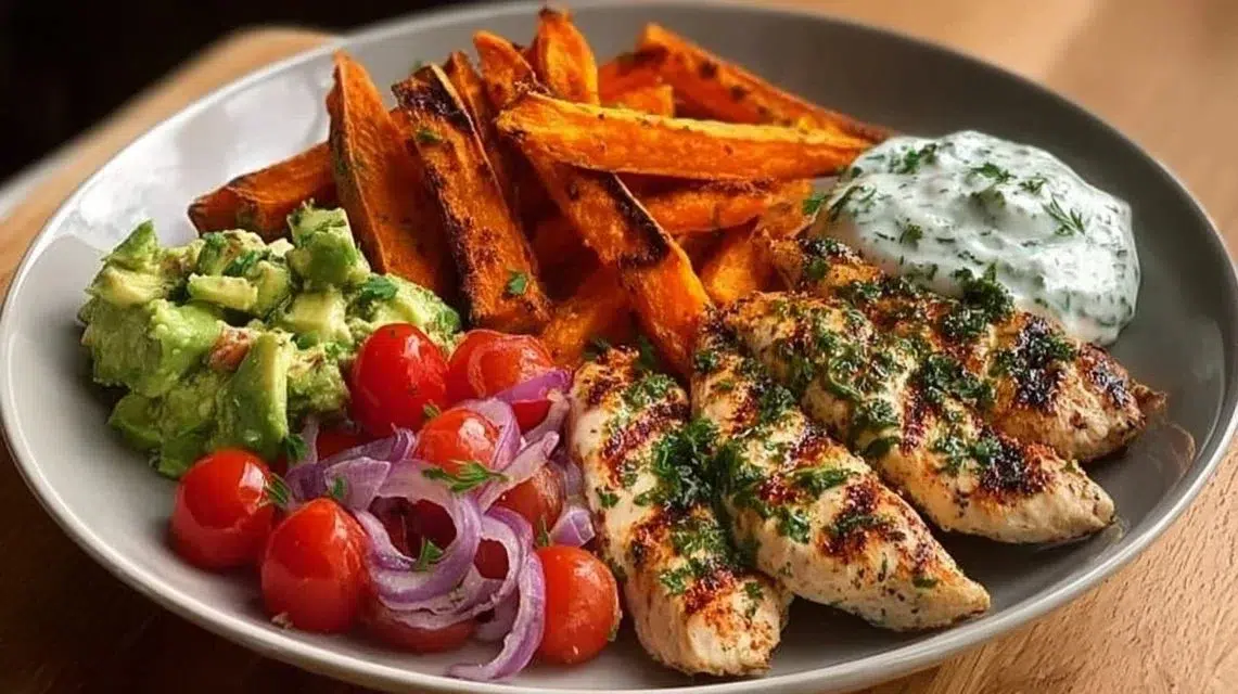 Delicious Grilled Herb Chicken served with sweet potato fries and avocado salsa