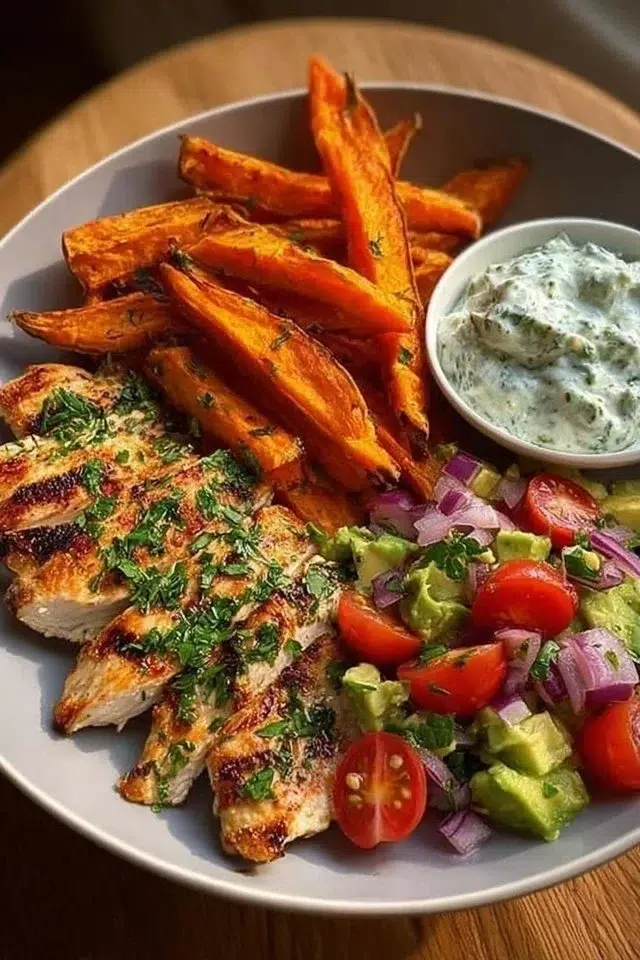 Grilled Herb Chicken with Sweet Potato Fries and Avocado Salsa