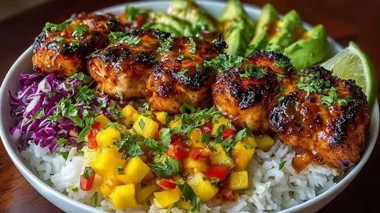 Delicious Grilled Maple Sriracha Chicken Bites Bowl with vibrant vegetables
