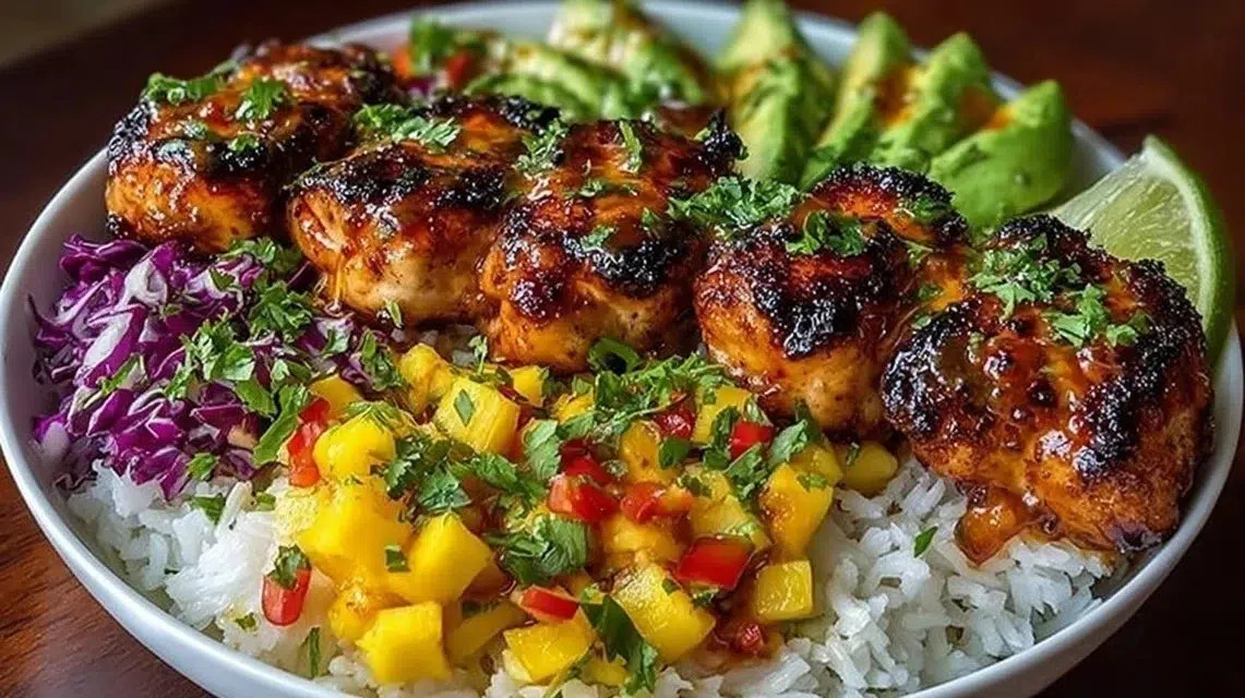 Delicious Grilled Maple Sriracha Chicken Bites Bowl with vibrant vegetables