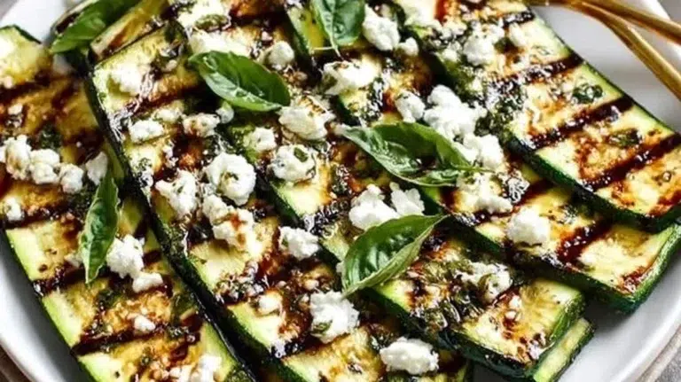 Grilled zucchini garnished with goat cheese, basil, and honey for a fresh dish