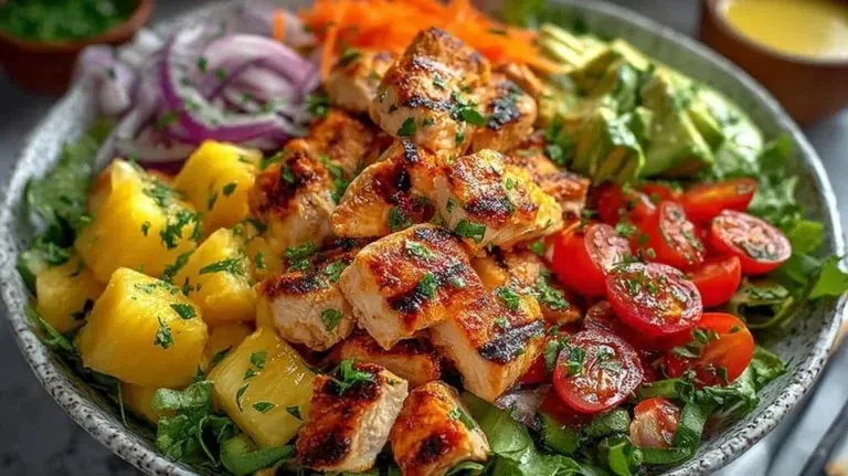 Delicious Hawaiian Chicken Salad with tropical fruits and grilled chicken