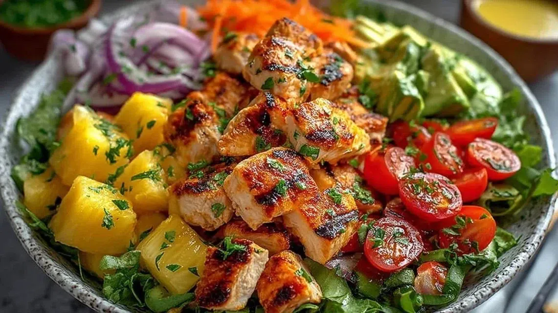 Delicious Hawaiian Chicken Salad with tropical fruits and grilled chicken
