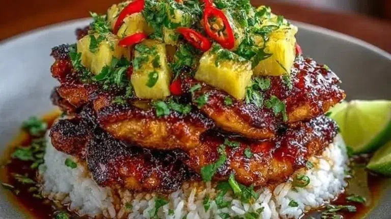 Hawaiian Turn Turn Chicken Stack garnished with fresh herbs and served on a plate