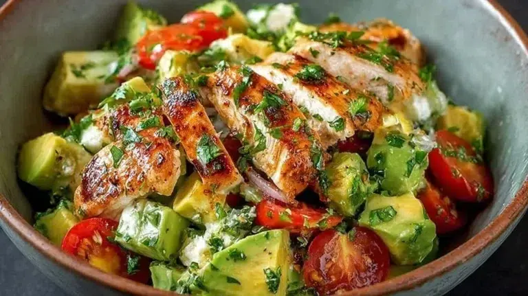 Healthy avocado chicken salad served in a bowl with fresh ingredients.