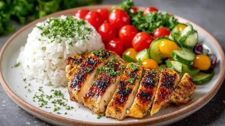 Healthy grilled chicken plate with fresh vegetables and herbs