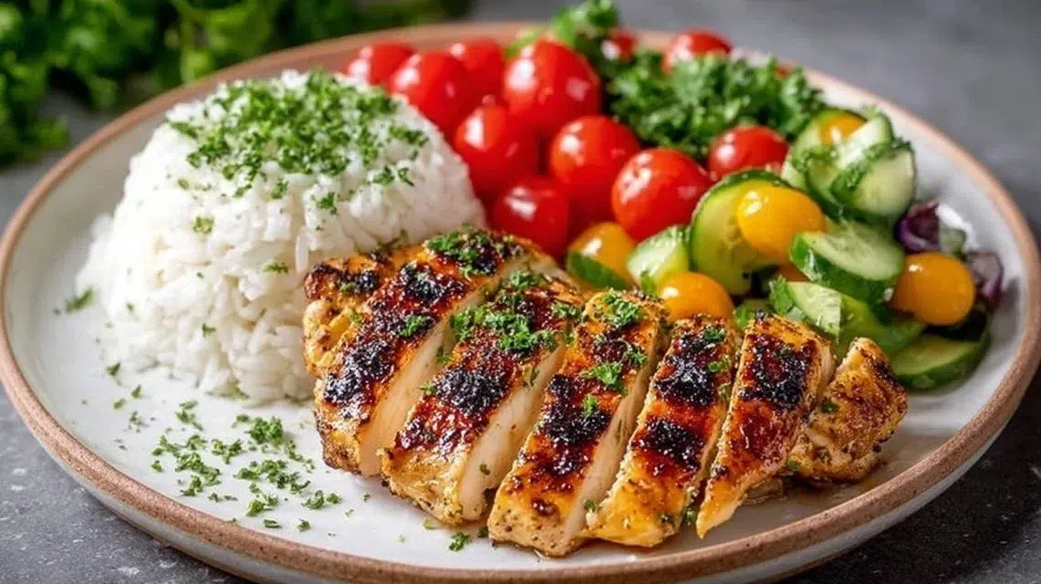 Healthy grilled chicken plate with fresh vegetables and herbs