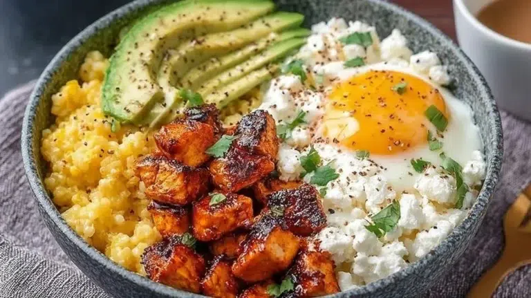 High-protein breakfast bowl with eggs, quinoa, and fresh vegetables