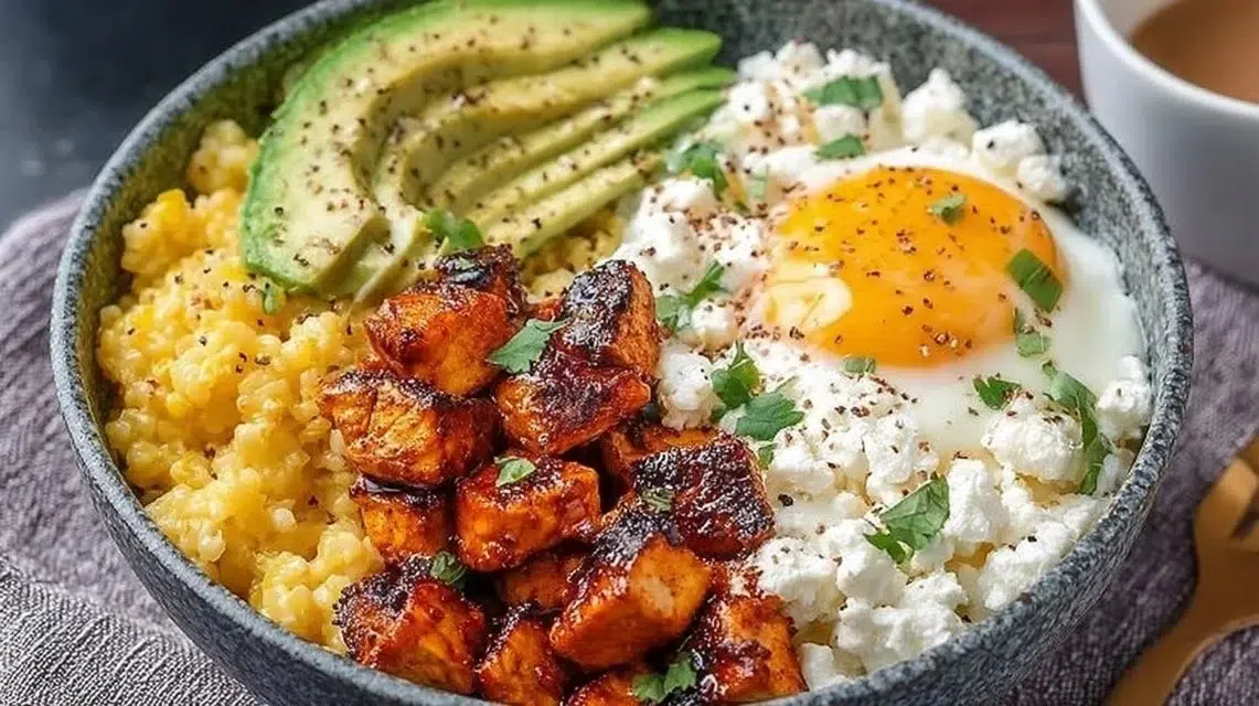 High-protein breakfast bowl with eggs, quinoa, and fresh vegetables