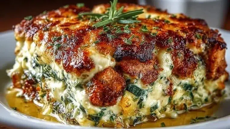 High protein chicken zucchini bake dish with cheese and herbs