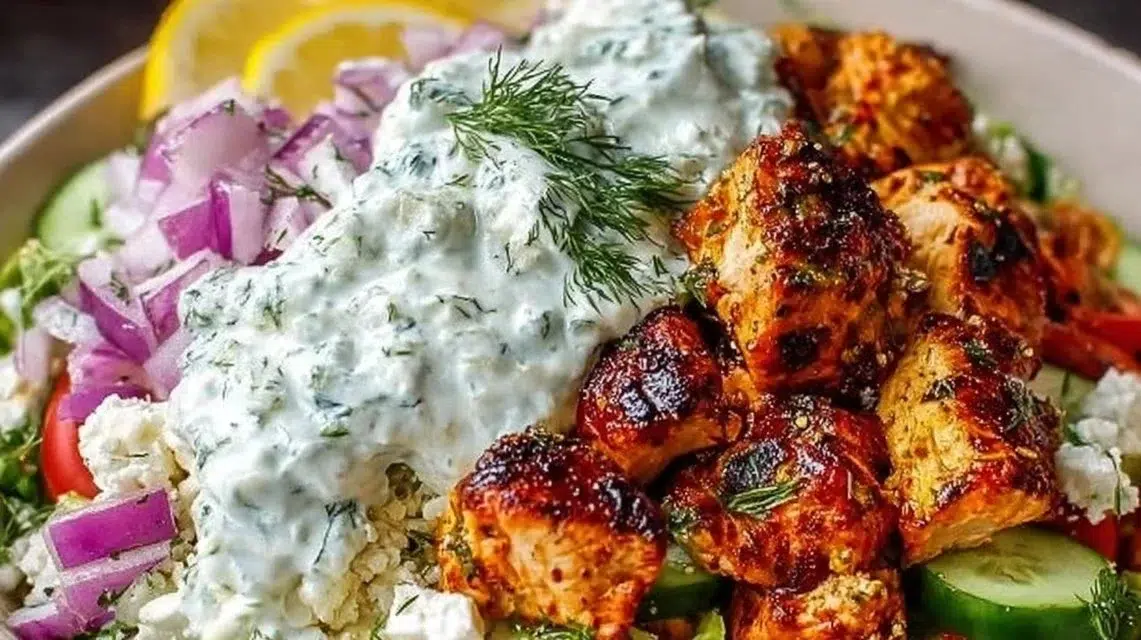 Mediterranean lemon-dill chicken bowls with fresh vegetables and grains
