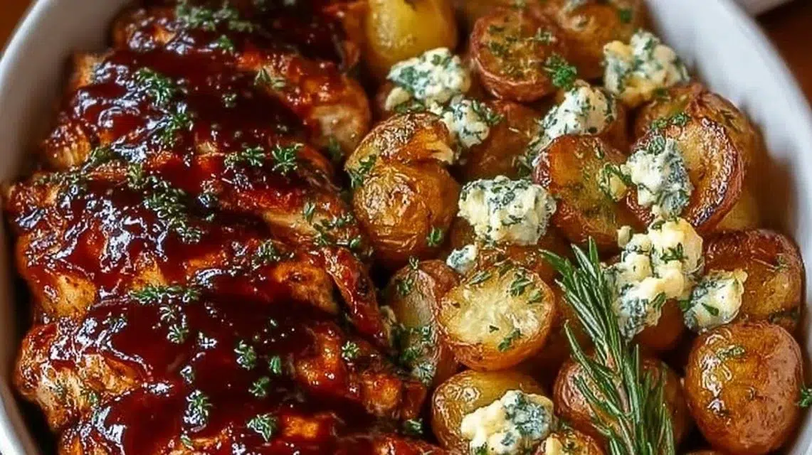 Honey BBQ Chicken and Potatoes served on a plate ready to eat