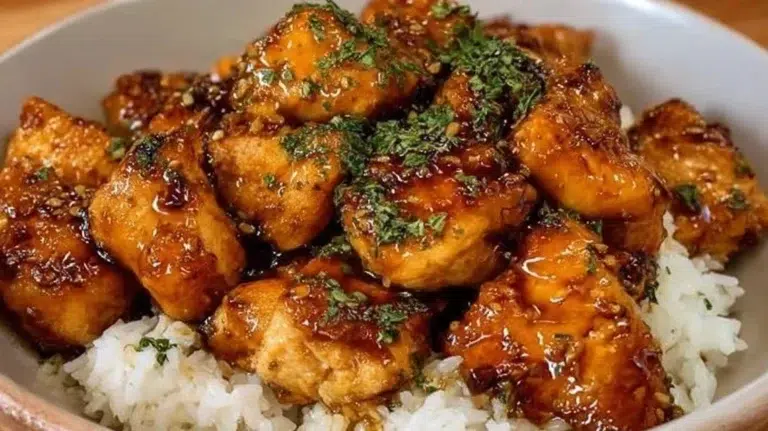 Honey Garlic Chicken Bites served on a platter with garnishes