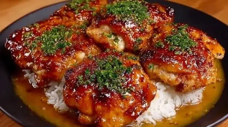 Honey Garlic Lemon Pepper Chicken Thighs on a plate with herbs