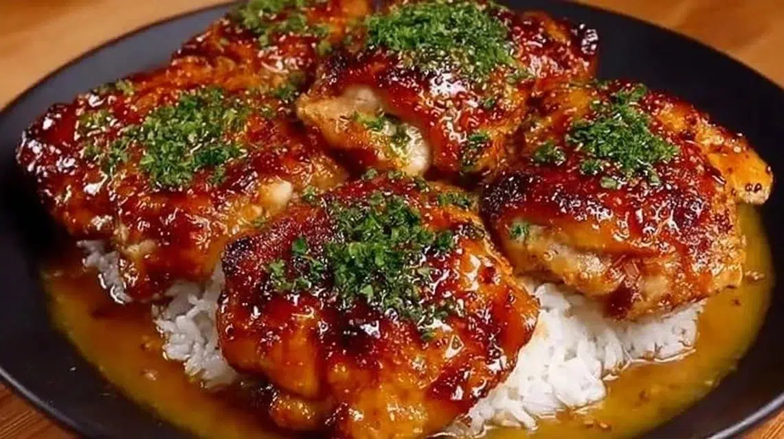 Honey Garlic Lemon Pepper Chicken Thighs on a plate with herbs