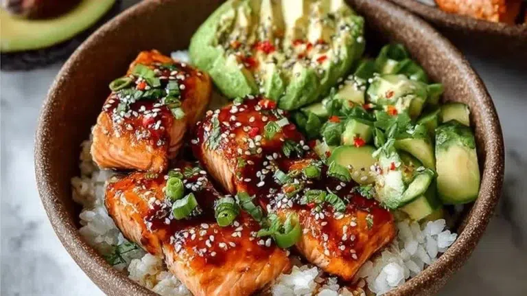 Delicious honey glazed salmon bowls with vegetables and rice