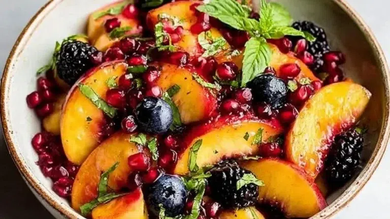 Delicious honey lime basil peach fruit salad garnished with fresh basil.
