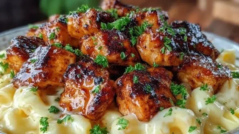 Delicious honey pepper chicken served with creamy mac and cheese on a plate.