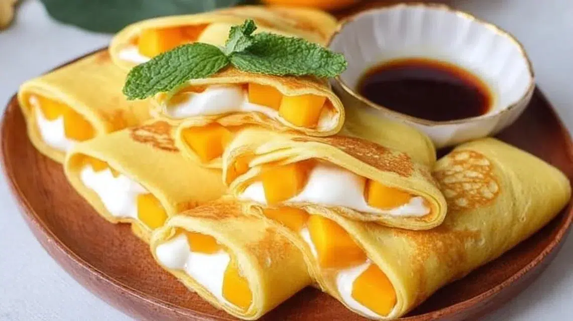 Delicious Hong Kong style mango pancake topped with fresh mango slices