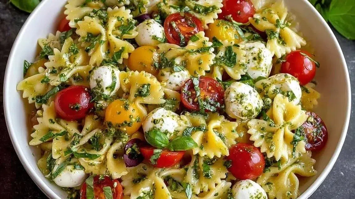 Italian Bow Tie Pasta Salad with fresh vegetables and dressing