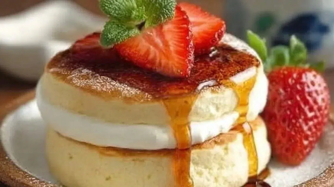 Fluffy Japanese soufflé pancakes served with syrup and fruit on a plate