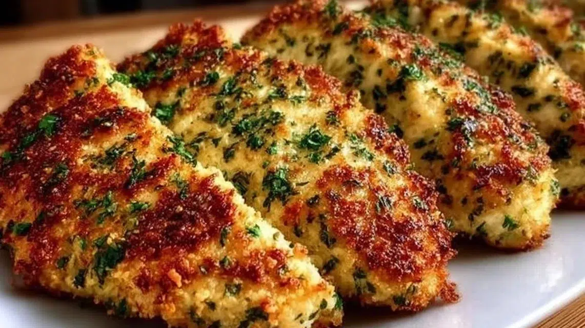 Keto Crispy Parmesan Chicken served with a side of vegetables